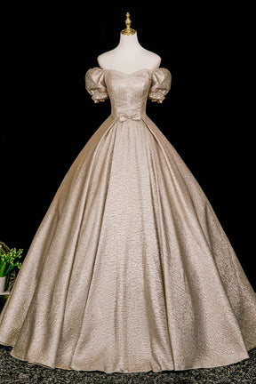 Elegant Gold Ball Gown Prom Dress, A-Line Short Sleeve Evening Party Dress