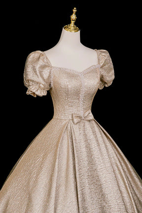 Elegant Gold Ball Gown Prom Dress, A-Line Short Sleeve Evening Party Dress