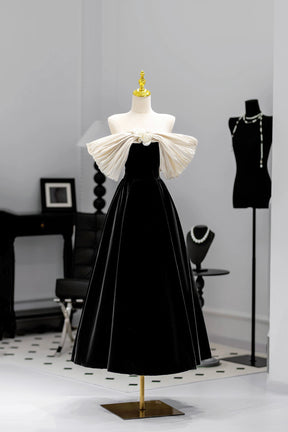 White and Black Velvet Tea Length Prom Dress, A-Line Off the Shoulder Party Dress