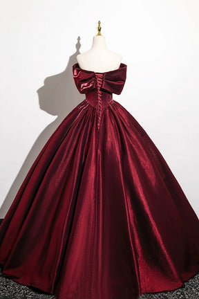 Burgundy Satin Long Prom Dress, Burgundy Off the Shoulder Evening Party Dress