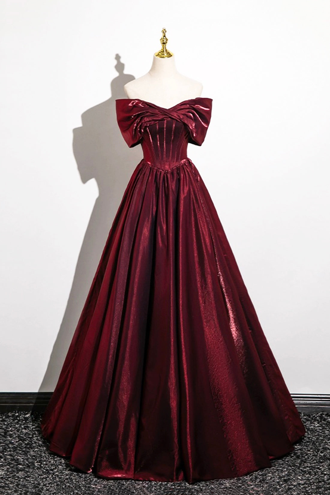 Burgundy Satin Long Prom Dress, Burgundy Off the Shoulder Evening Party Dress