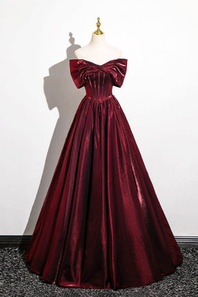 Burgundy Satin Long Prom Dress, Burgundy Off the Shoulder Evening Party Dress