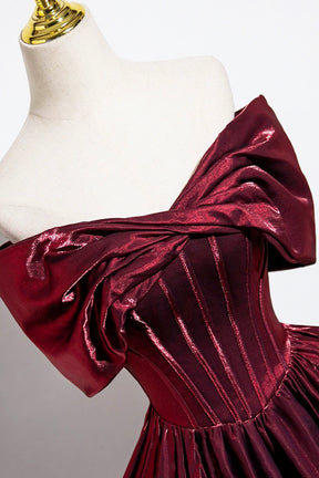 Burgundy Satin Long Prom Dress, Burgundy Off the Shoulder Evening Party Dress