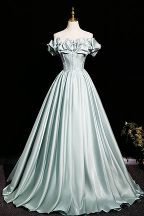 Gray Green Satin Long Prom Dress, Beautiful A-Line Evening Party Dress