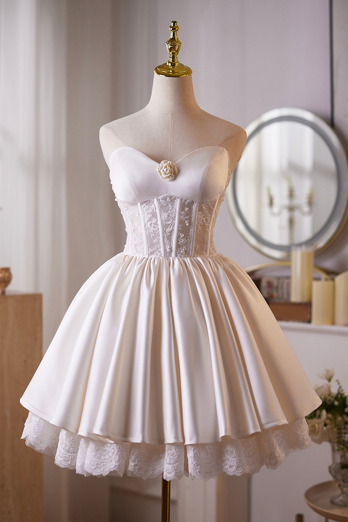 Ivory Satin Lace Sweetheart Mini Party Gown, A-Line Backless Prom Dress