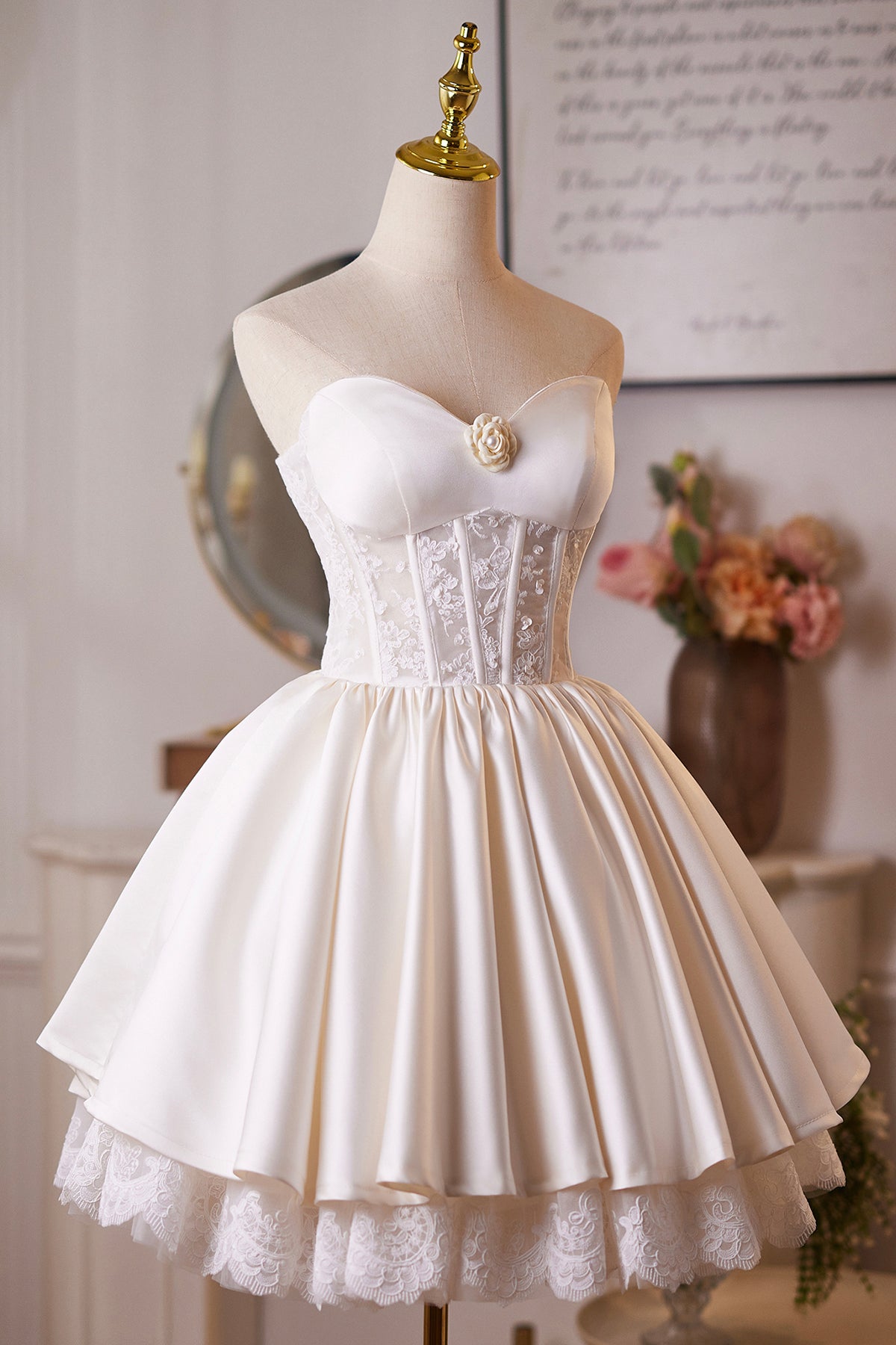 Ivory Satin Lace Sweetheart Mini Party Gown, A-Line Backless Prom Dres Ivory Satin Lace Sweetheart Mini Party Gown, A-Line Backless Prom Dres
