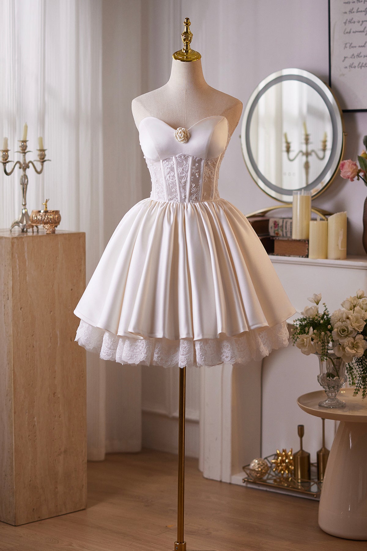 Ivory Satin Lace Sweetheart Mini Party Gown, A-Line Backless Prom Dres Ivory Satin Lace Sweetheart Mini Party Gown, A-Line Backless Prom Dres