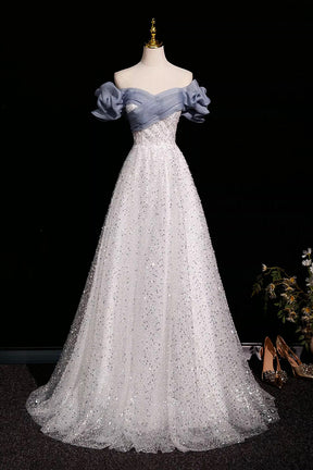 Sparkling White Tulle Sequins Long Party Dress, Lovely A-Line Prom Evening Dress