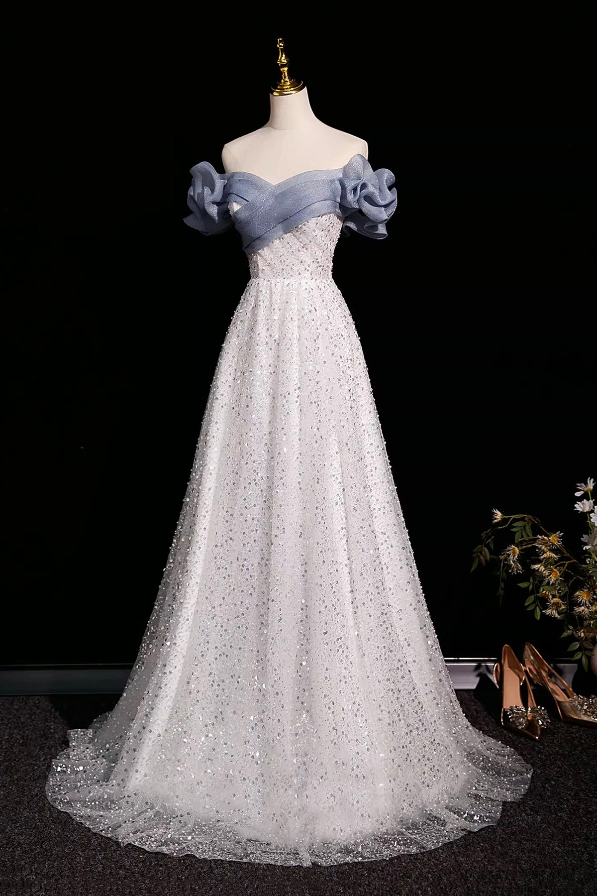 Sparkling White Tulle Sequins Long Party Dress, Lovely A-Line Prom Evening Dress