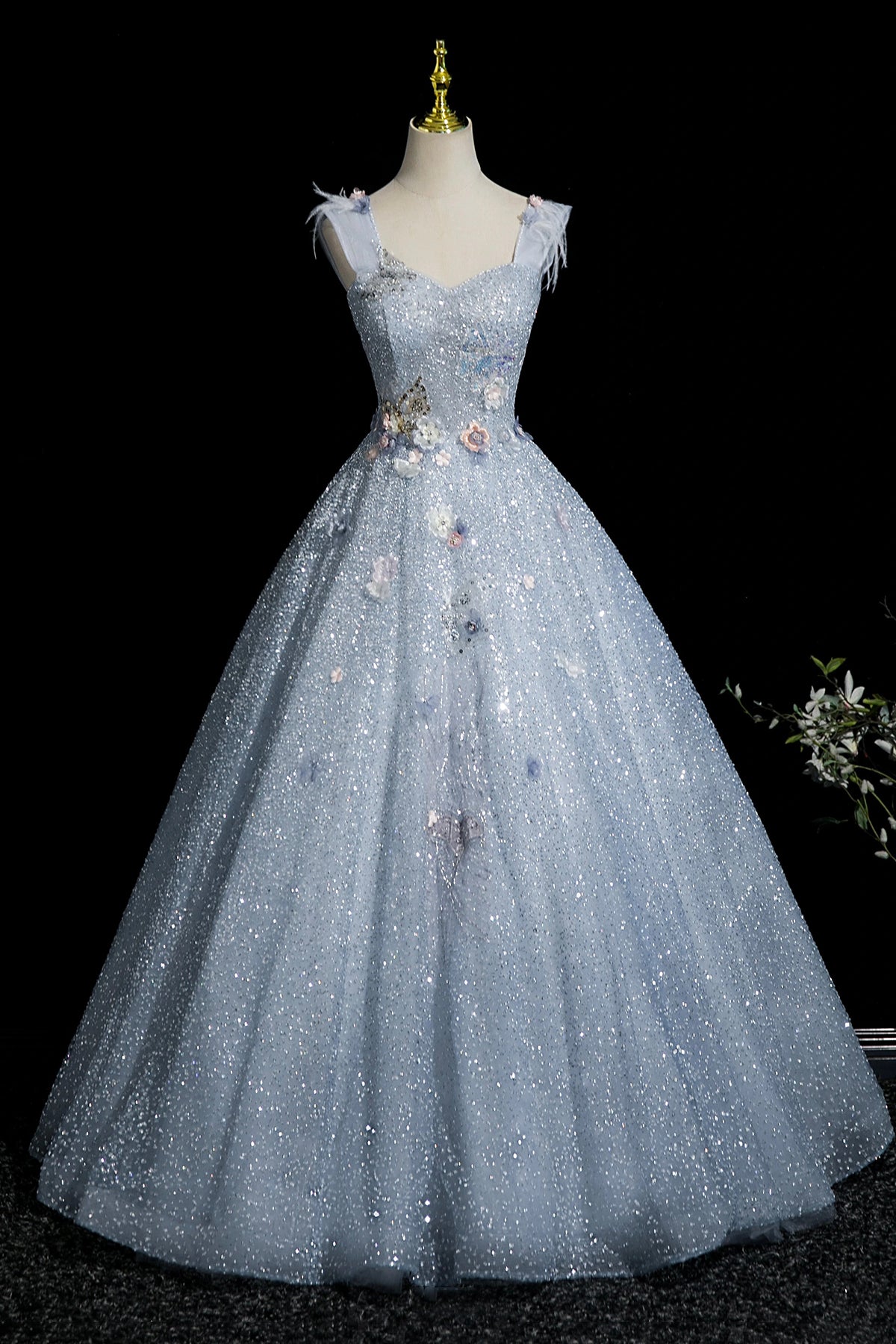 Enchanting Sky Blue Glitter Tulle Ball Gown with 3D Flowers for Formal Events
