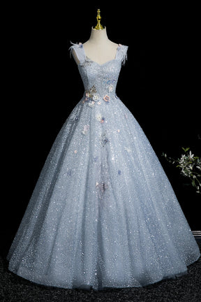 Enchanting Sky Blue Glitter Tulle Ball Gown with 3D Flowers for Formal Events