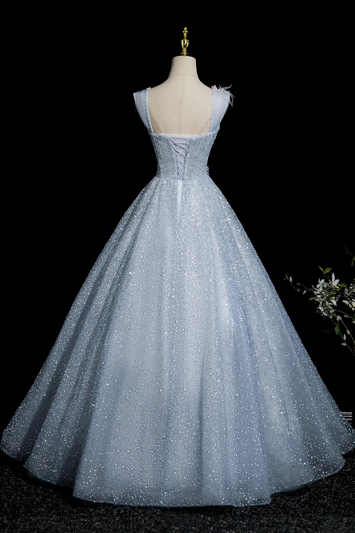 Enchanting Sky Blue Glitter Tulle Ball Gown with 3D Flowers for Formal Events