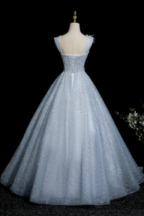 Enchanting Sky Blue Glitter Tulle Ball Gown with 3D Flowers for Formal Events