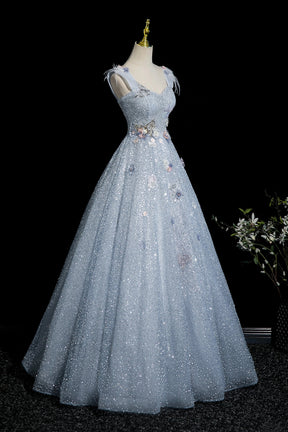 Enchanting Sky Blue Glitter Tulle Ball Gown with 3D Flowers for Formal Events