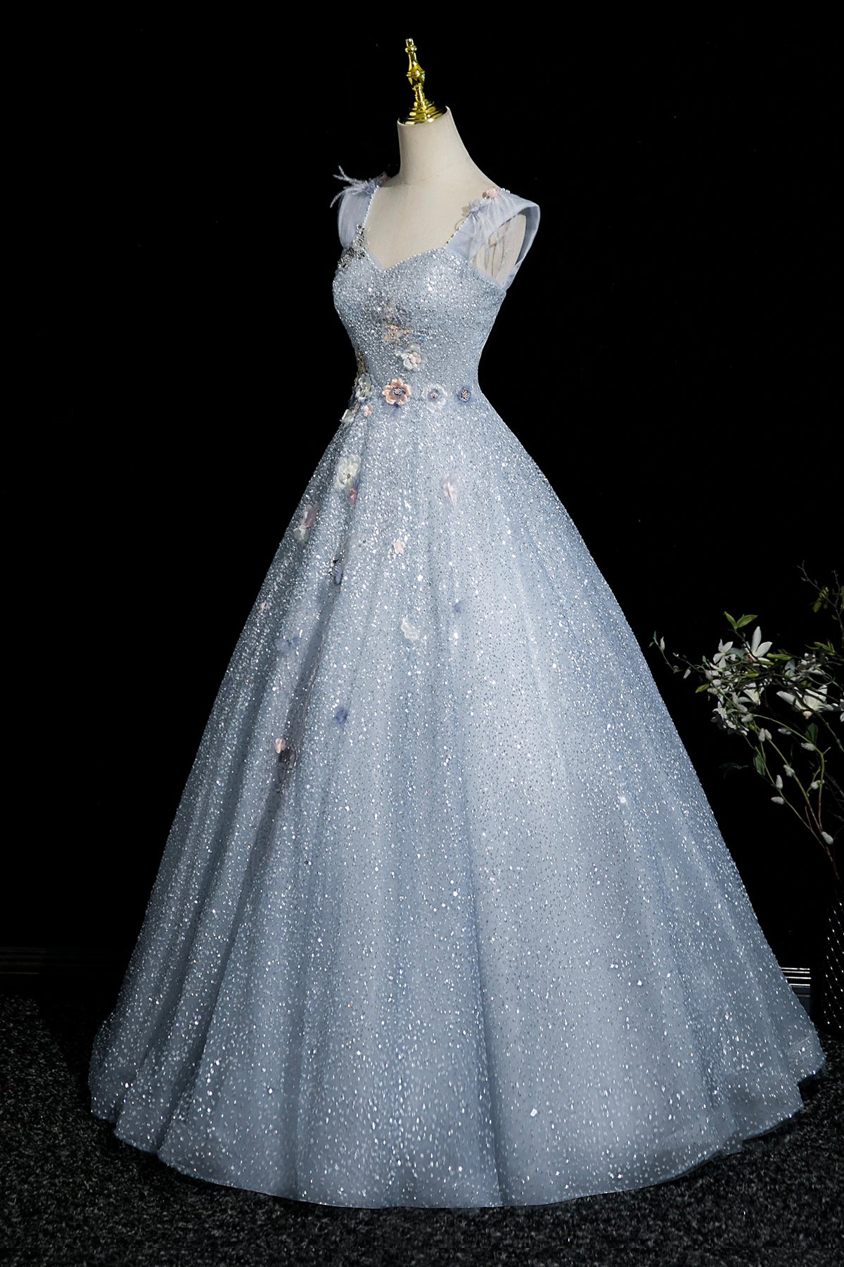 Enchanting Sky Blue Glitter Tulle Ball Gown with 3D Flowers for Formal Events