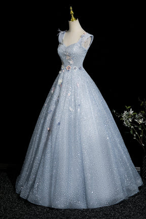 Enchanting Sky Blue Glitter Tulle Ball Gown with 3D Flowers for Formal Events