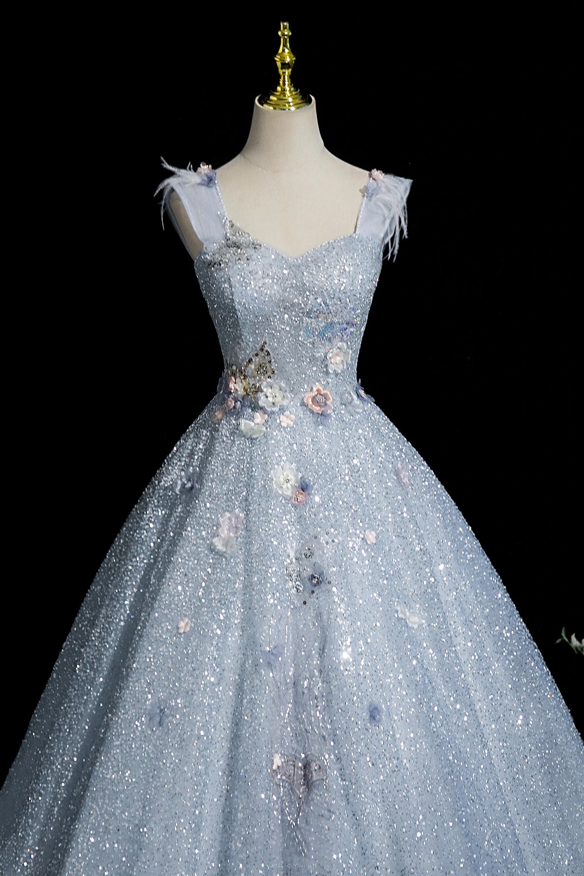 Enchanting Sky Blue Glitter Tulle Ball Gown with 3D Flowers for Formal Events