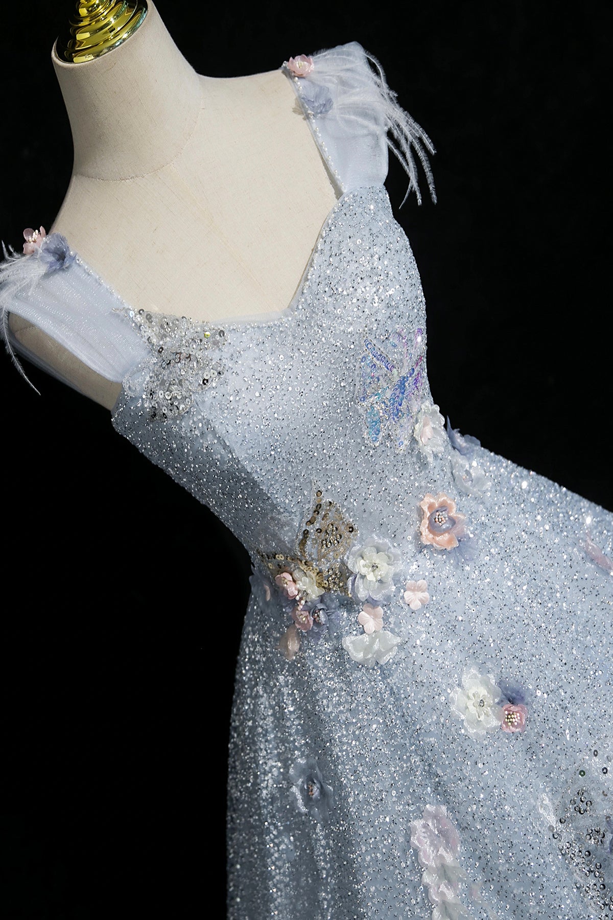 Enchanting Sky Blue Glitter Tulle Ball Gown with 3D Flowers for Formal Events