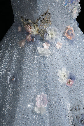 Enchanting Sky Blue Glitter Tulle Ball Gown with 3D Flowers for Formal Events