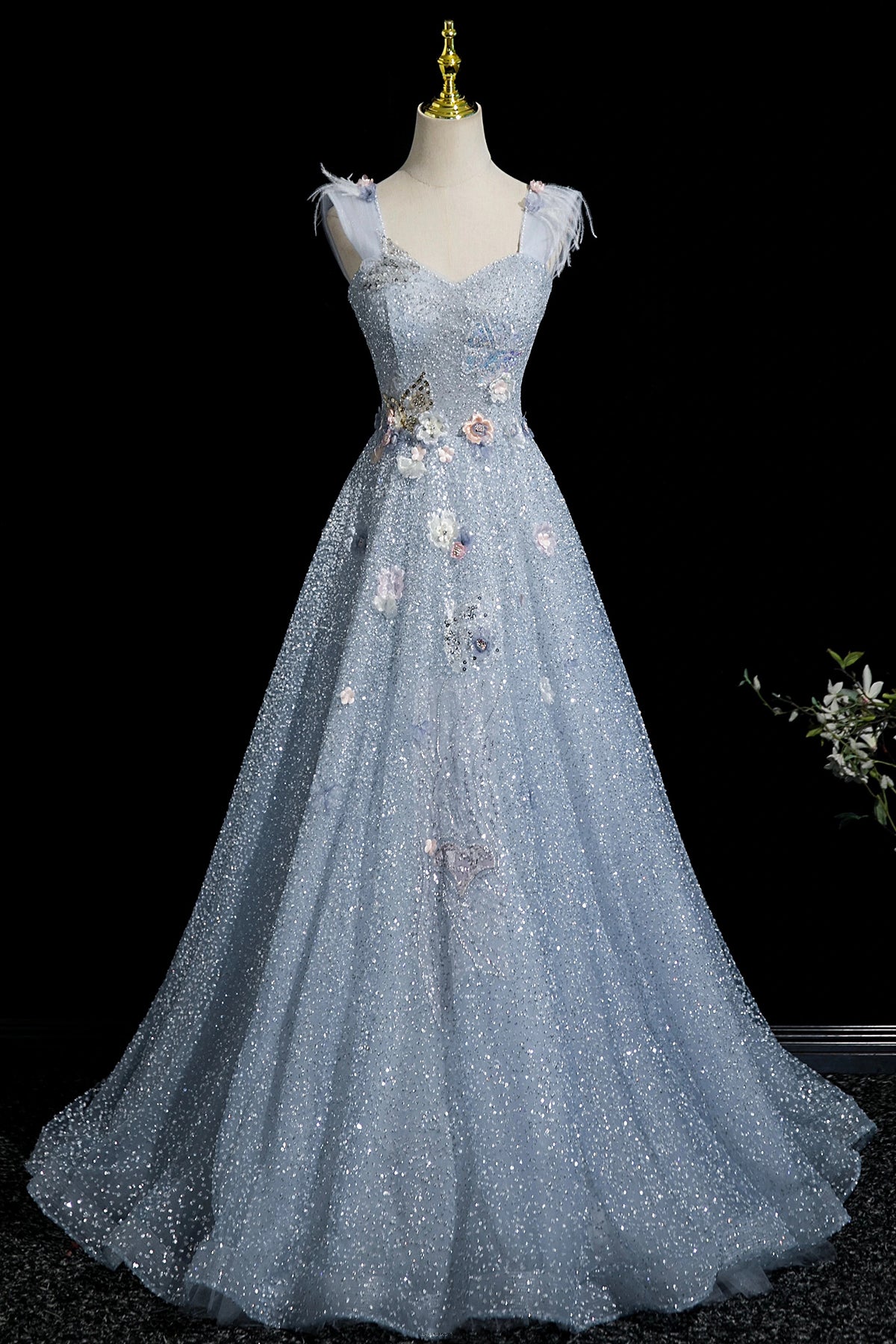 Enchanting Sky Blue Glitter Tulle Ball Gown with 3D Flowers for Formal Events