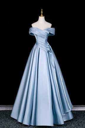 Elegant Light Blue Off-the-Shoulder Satin Ball Gown for Formal Events