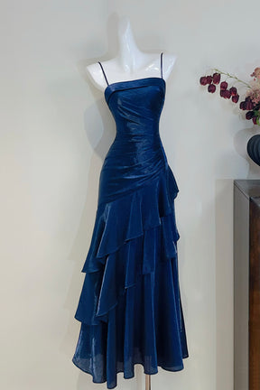 Blue Glitter Water-gloss Yarn Strapless Maxi Dress - Tiered Ruffle Evening Party Dress