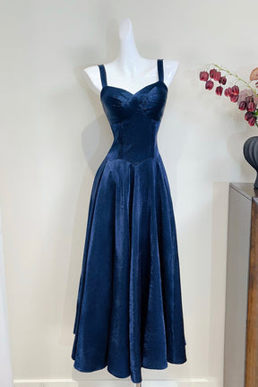 Navy Blue Fine Satin Corset Midi Dress - Spaghetti Strap Party Gown