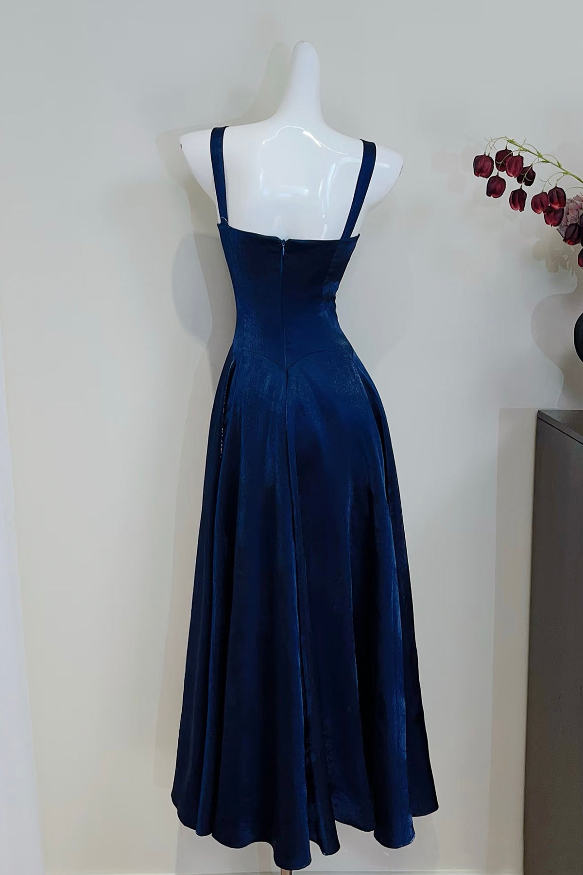 Navy Blue Fine Satin Corset Midi Dress - Spaghetti Strap Party Gown