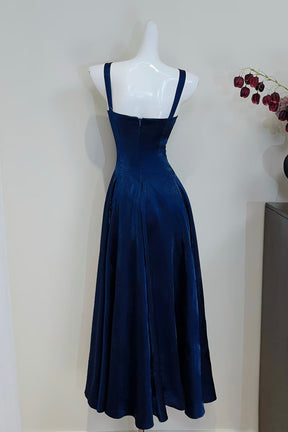 Navy Blue Fine Satin Corset Midi Dress - Spaghetti Strap Party Gown