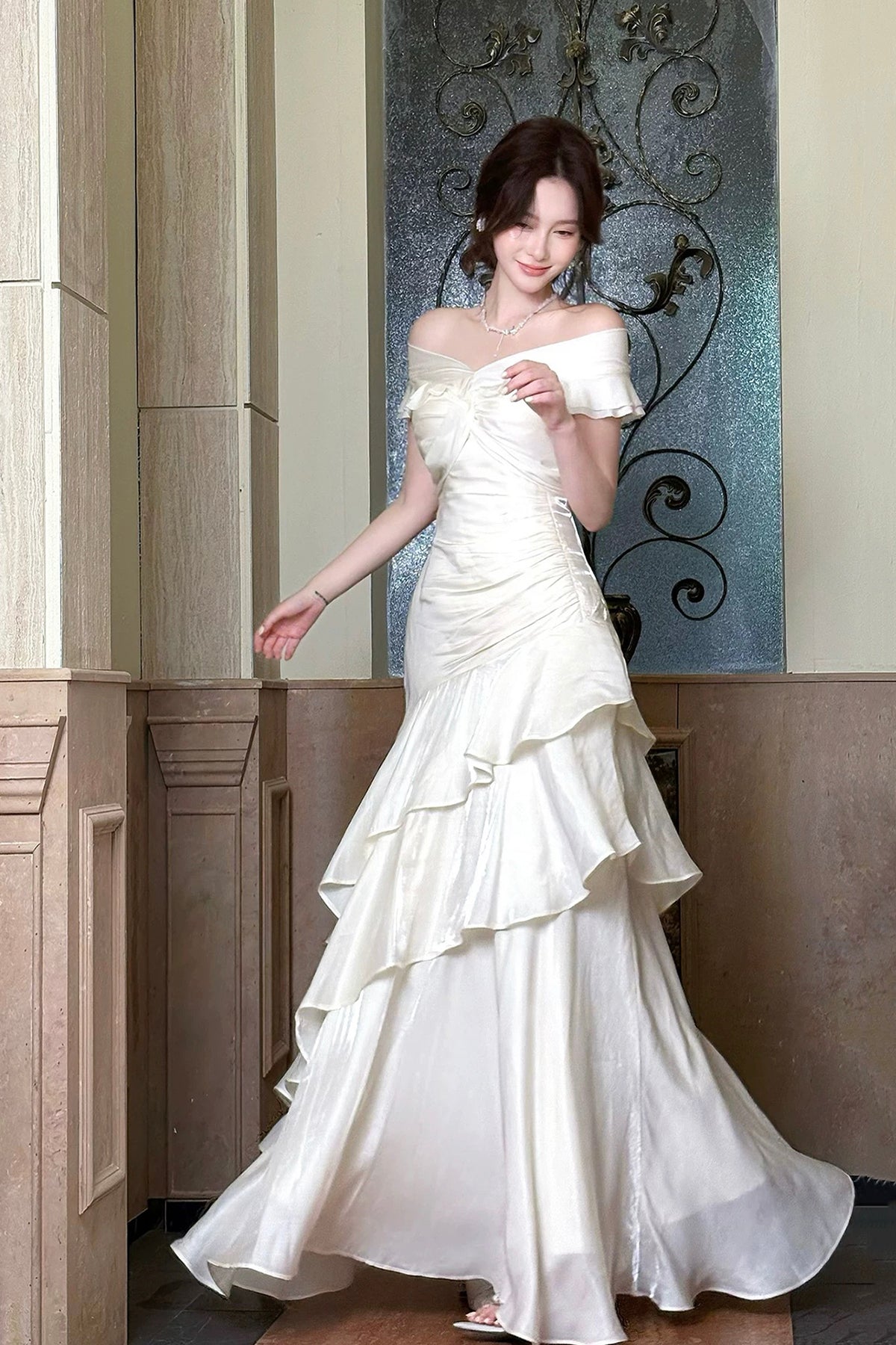 White Off-the-Shoulder Ruffled Mermaid Party Dress with Ruched Bodice