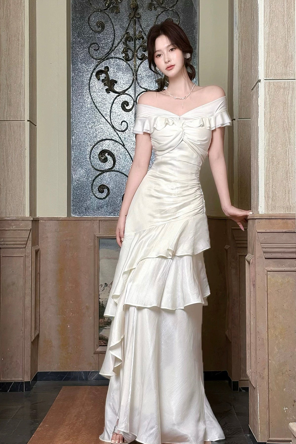 White Off-the-Shoulder Ruffled Mermaid Party Dress with Ruched Bodice