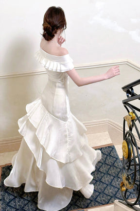 White Off-the-Shoulder Ruffled Mermaid Party Dress with Ruched Bodice