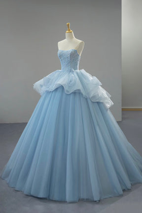 Sky Blue Tulle Ball Gown Strapless Formal Evening Dress