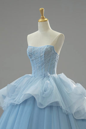 Sky Blue Tulle Ball Gown Strapless Formal Evening Dress