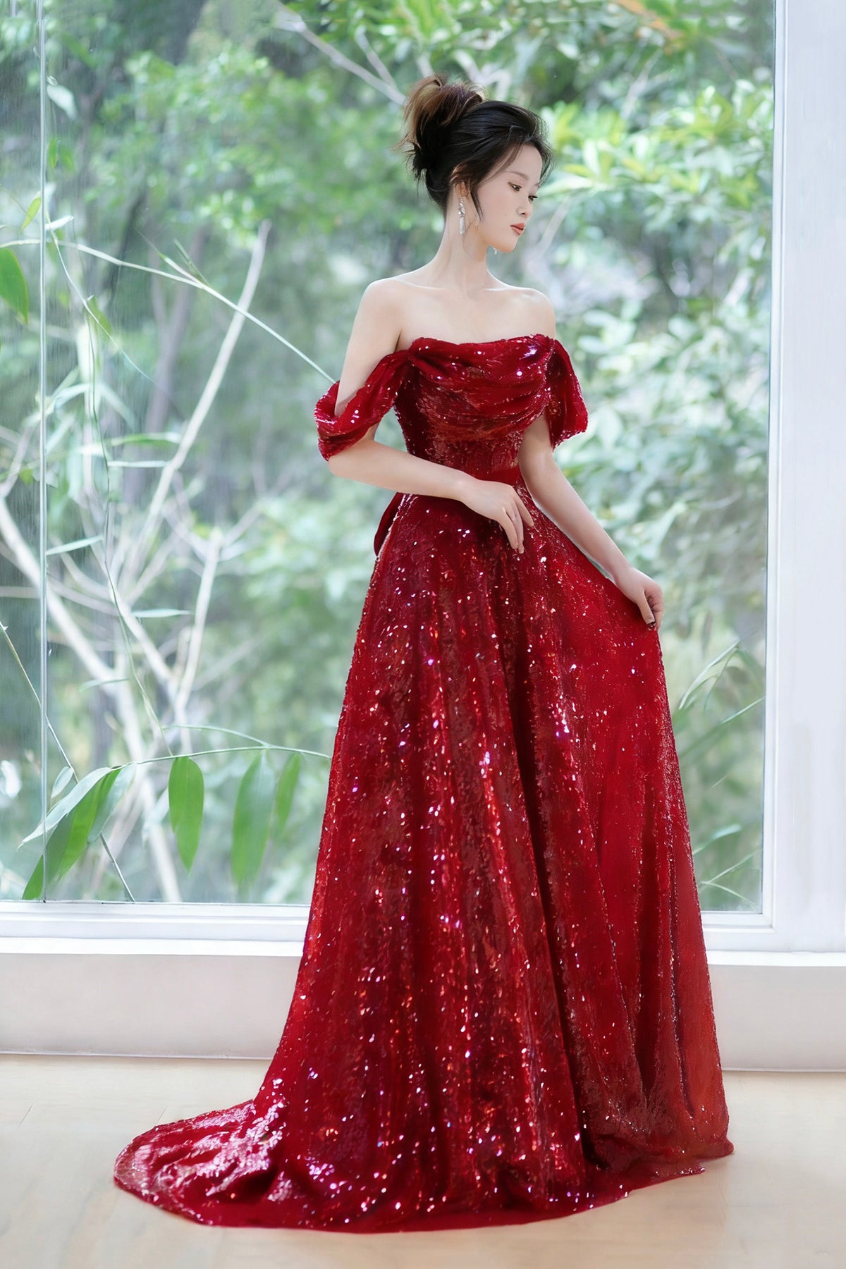 Sparkly Red Sequin Ball Gown Off Shoulder Formal Dress with Train