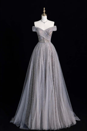 Grey Sequin Embellished Off Shoulder Tulle Evening Gown Long Prom Dress