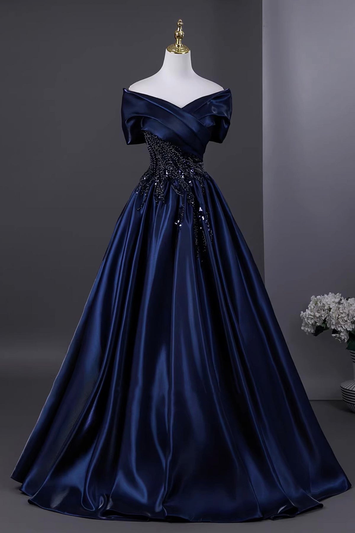 Navy Satin Beaded Long Prom Dress, Elegant Off the Shoulder Evening Party Dress