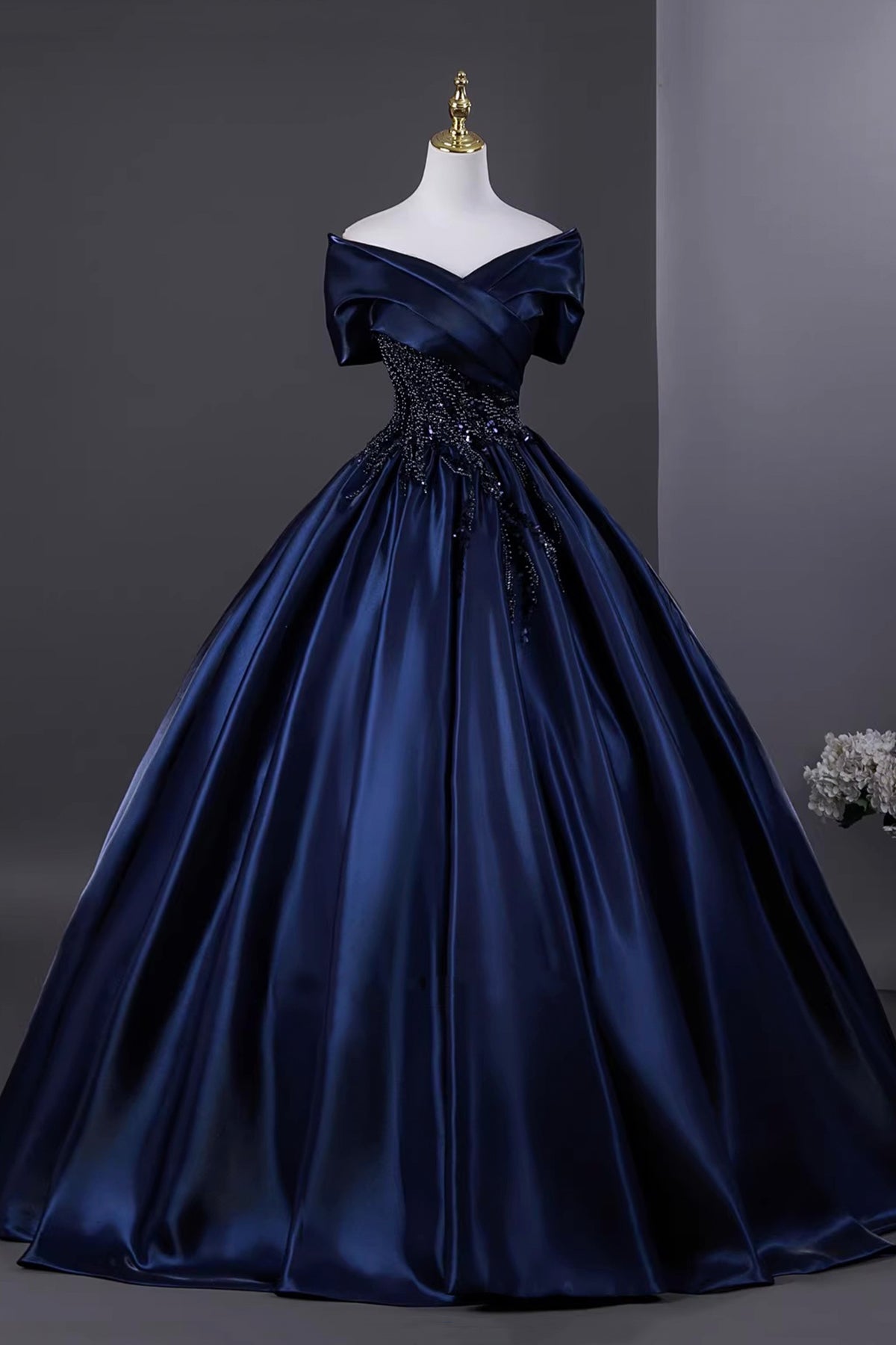Navy Satin Beaded Long Prom Dress, Elegant Off the Shoulder Evening Party Dress