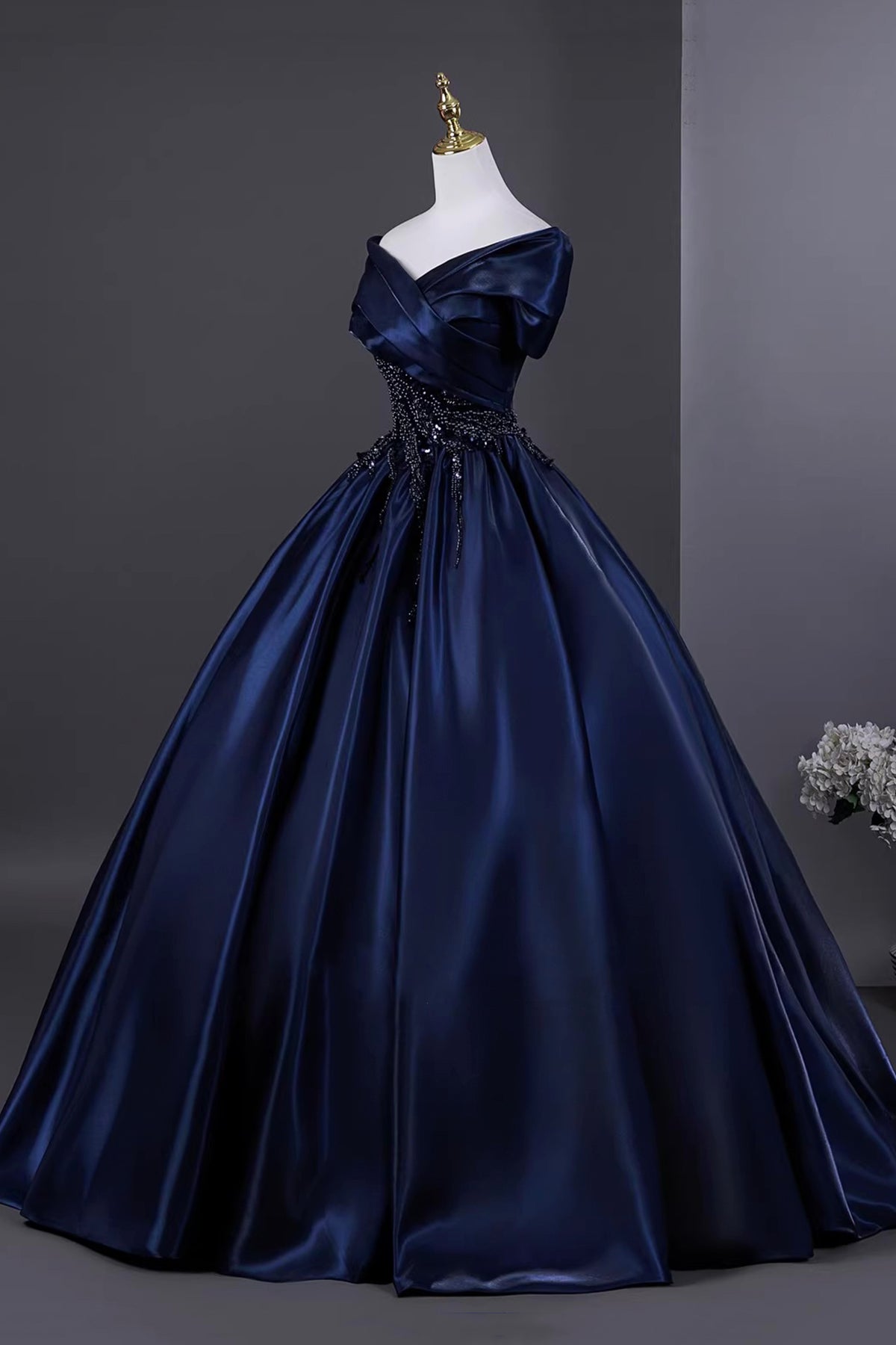 Navy Satin Beaded Long Prom Dress, Elegant Off the Shoulder Evening Party Dress