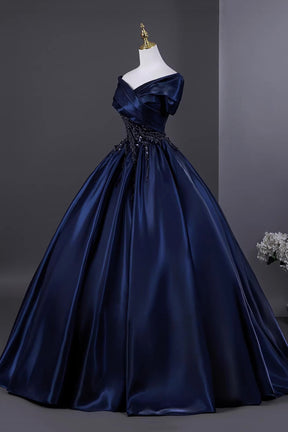 Navy Satin Beaded Long Prom Dress, Elegant Off the Shoulder Evening Party Dress