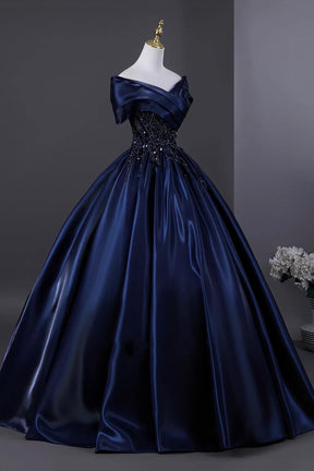 Navy Satin Beaded Long Prom Dress, Elegant Off the Shoulder Evening Party Dress