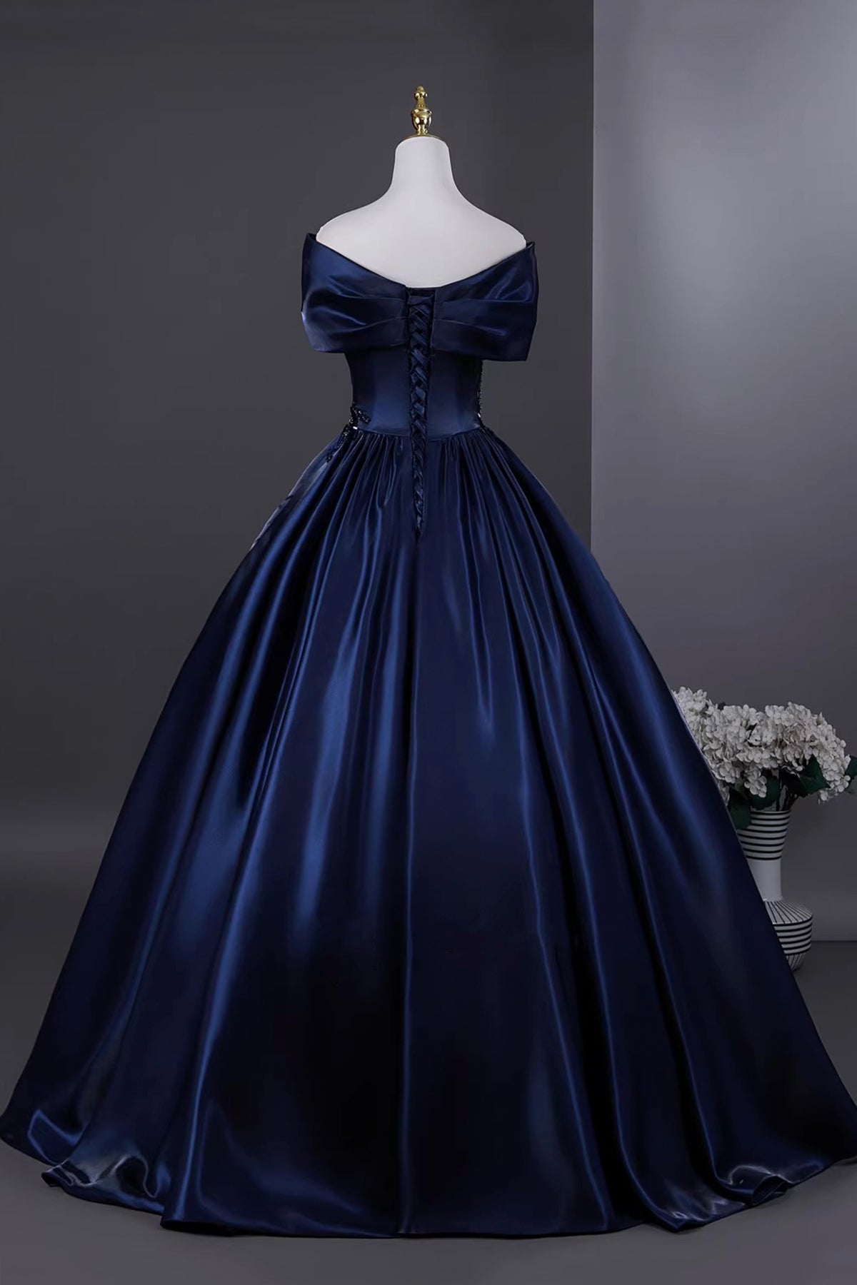 Navy Satin Beaded Long Prom Dress, Elegant Off the Shoulder Evening Party Dress
