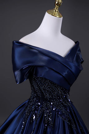 Navy Satin Beaded Long Prom Dress, Elegant Off the Shoulder Evening Party Dress