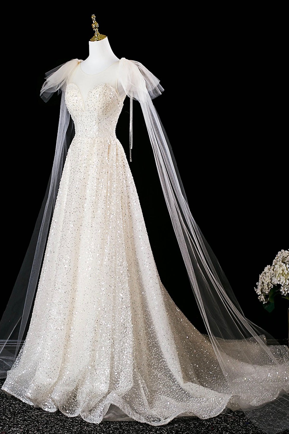 Champagne Tulle Sequins Long Prom Dress, Shiny A-Line Evening Formal Dress