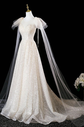 Champagne Tulle Sequins Long Prom Dress, Shiny A-Line Evening Formal Dress