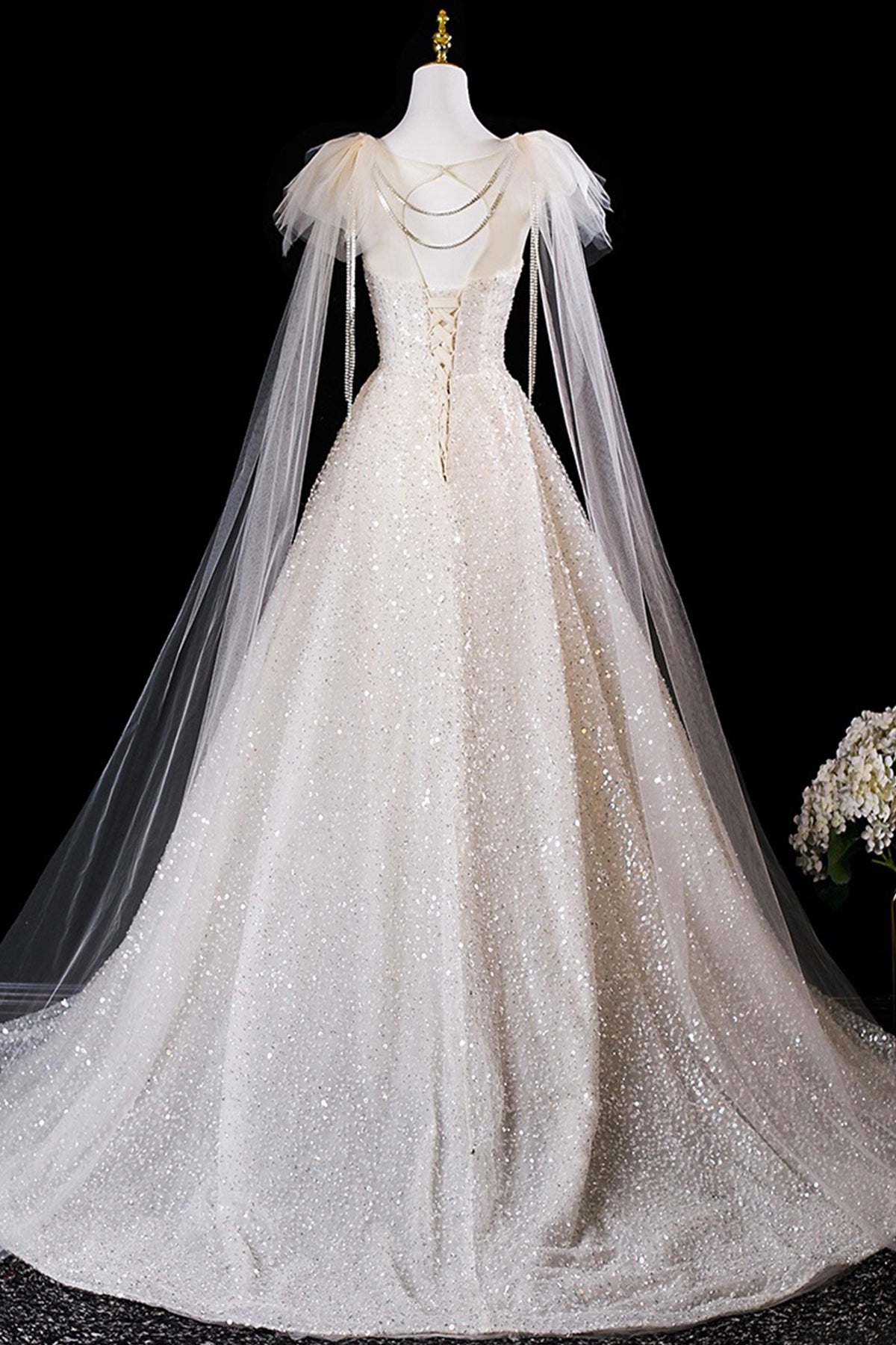 Champagne Tulle Sequins Long Prom Dress, Shiny A-Line Evening Formal Dress