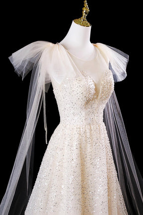 Champagne Tulle Sequins Long Prom Dress, Shiny A-Line Evening Formal Dress