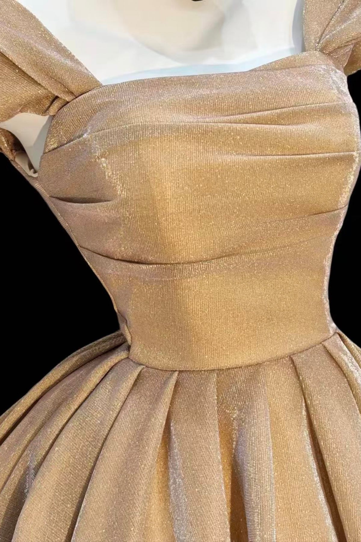 Gold Shimmer Square Neck A-Line Prom Party Dress