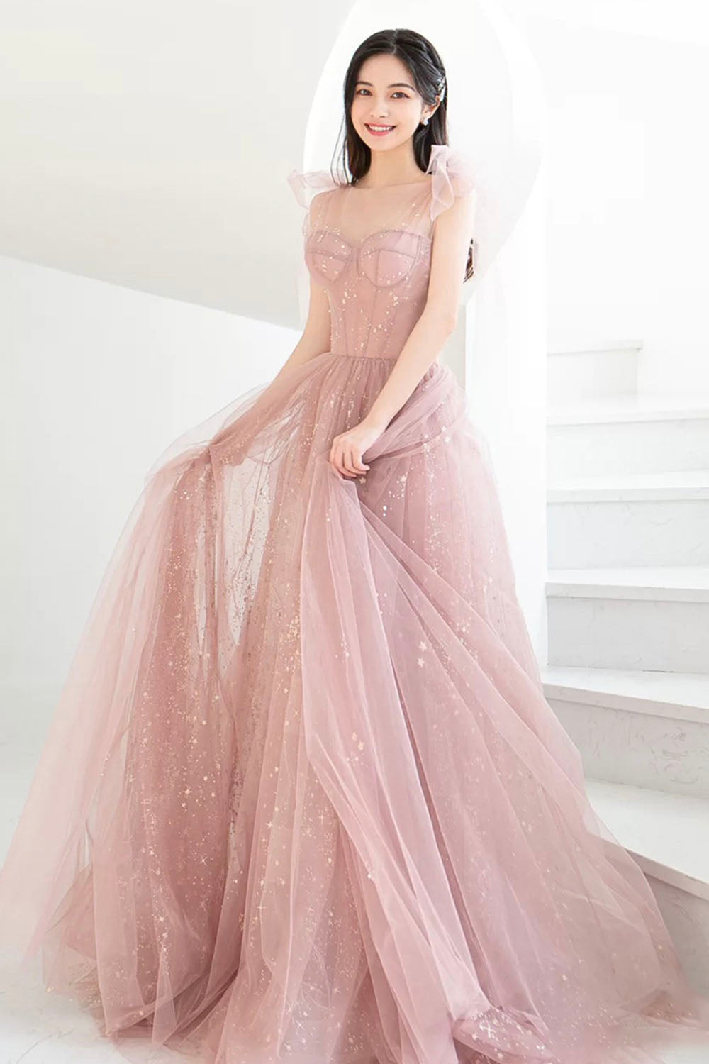 Pink Tulle Long A-Line Prom Dress, Beautiful Pink Graduation Dress