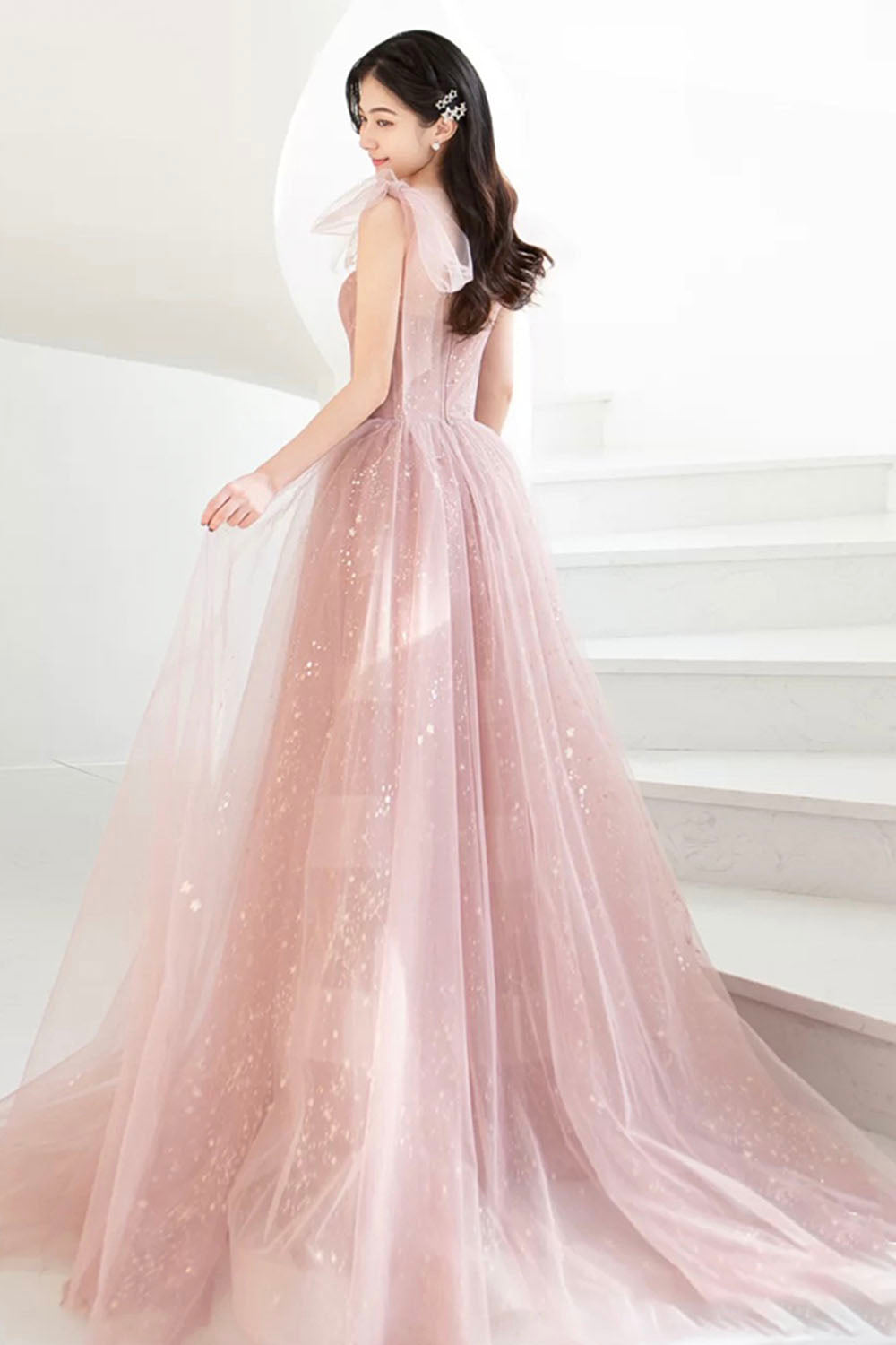 Pink Tulle Long A-Line Prom Dress, Beautiful Pink Graduation Dress